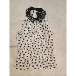 White House Black Market Blouse Polka Dot Rhinestone Collar Sleeveless Top S
